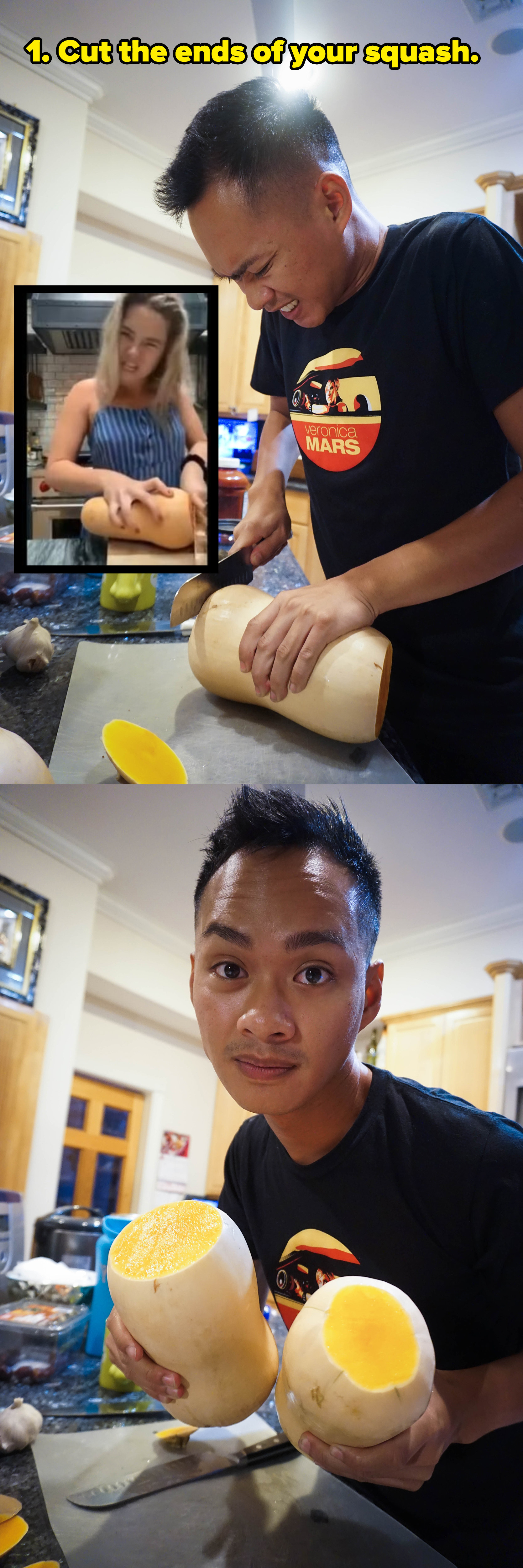 author cutting and holding a pair of butternut squashes (inset) florence pugh slicing bottom and top of butternut squash