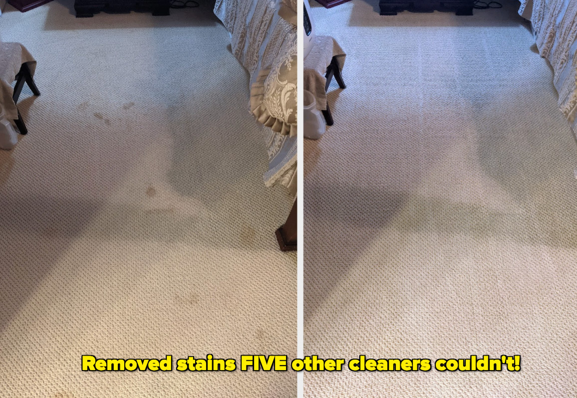 Reviewer's carpet covered in cat vomit stains/same carpet without stains 