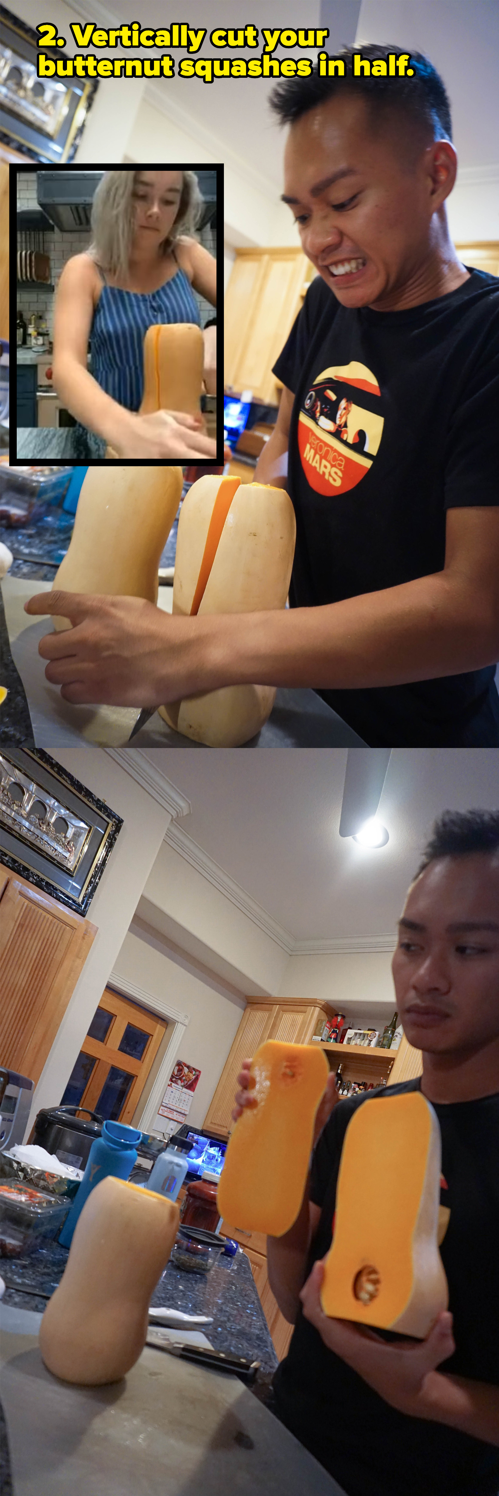 author slicing butternut squash in half (inset) florence pugh cutting a butternut squash