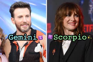 On the left, Chris Evans labeled Gemini, and on the right, Winona Ryder labeled Scorpio