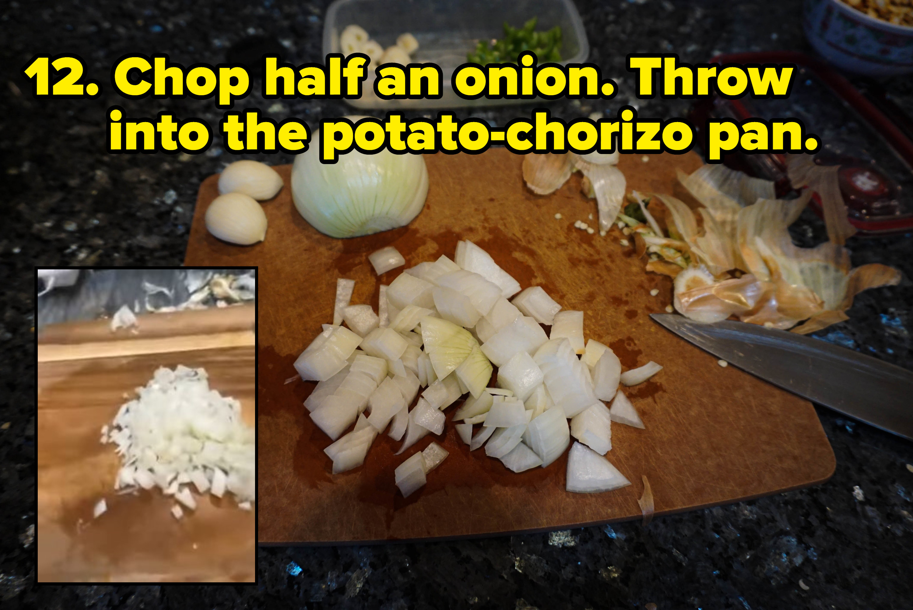 onion on a chopping board (inset) florence pugh&#x27;s diced onions on a cutting board