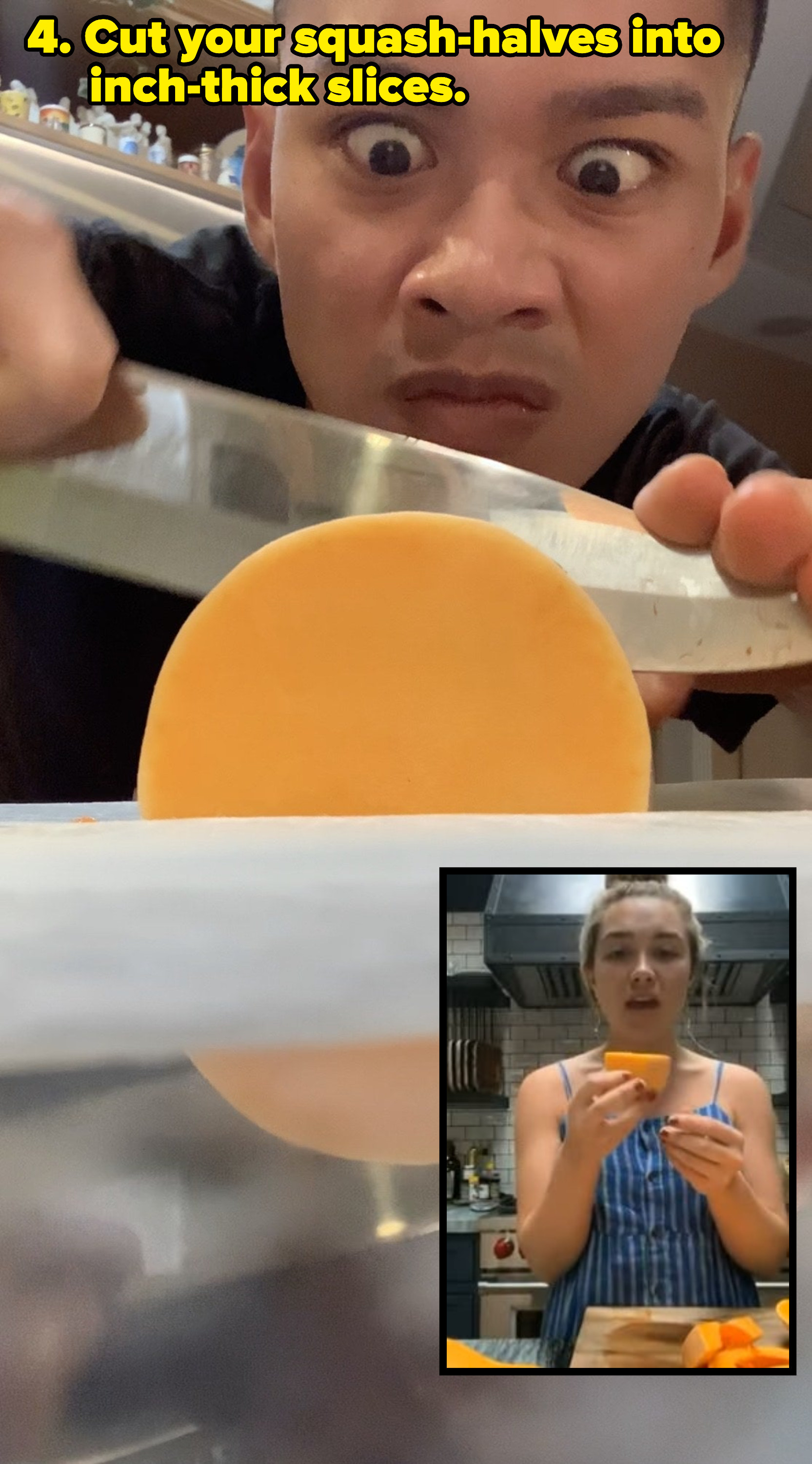 author cutting butternut squash into slices (inset) florence pugh holding a slice of butternut squash