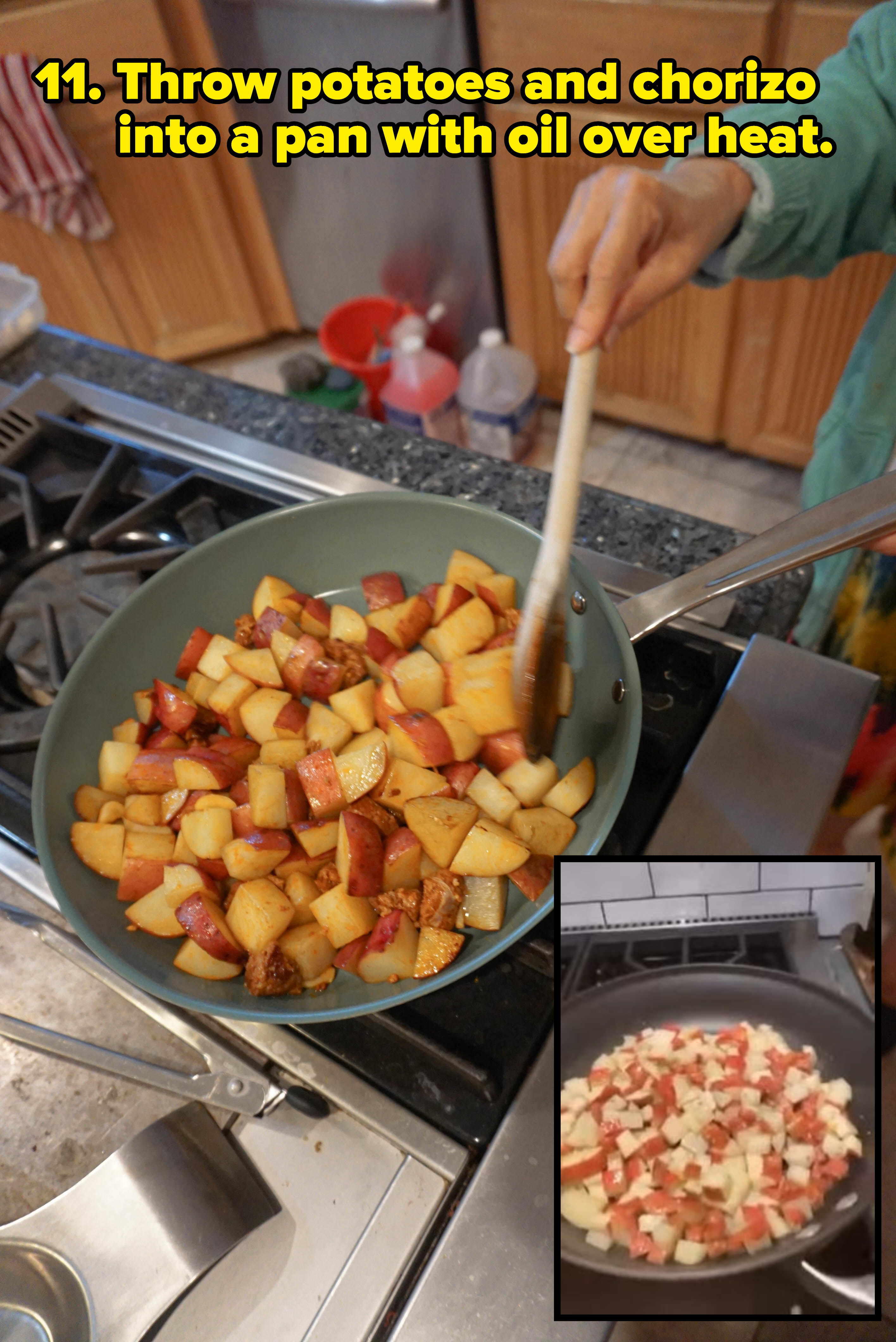 potatoes and chorizo in a pan (inset) florence pugh&#x27;s pan of potatoes and chorizo