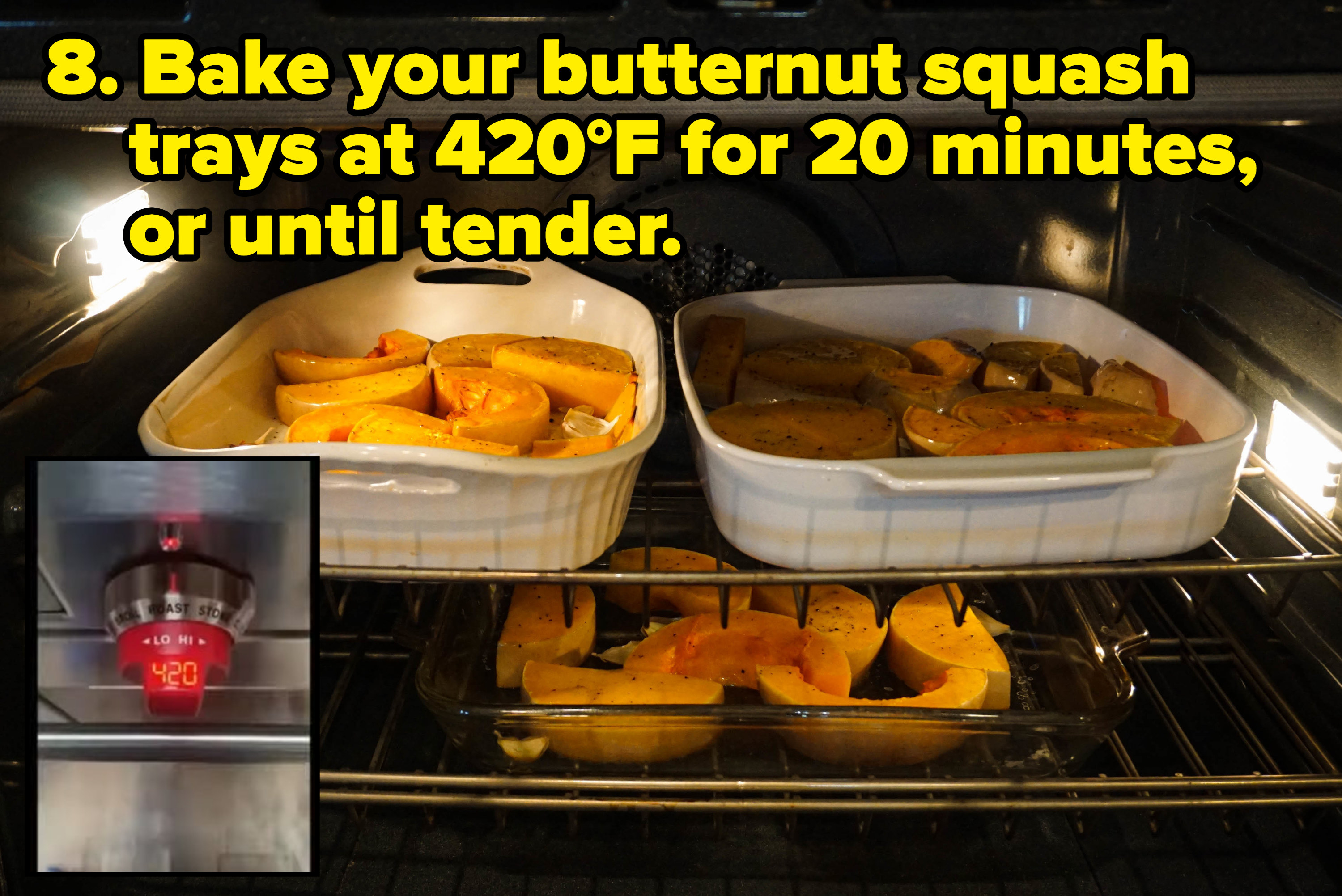 butternut squash slices in tray in oven (insest) florence pugh&#x27;s oven at 420