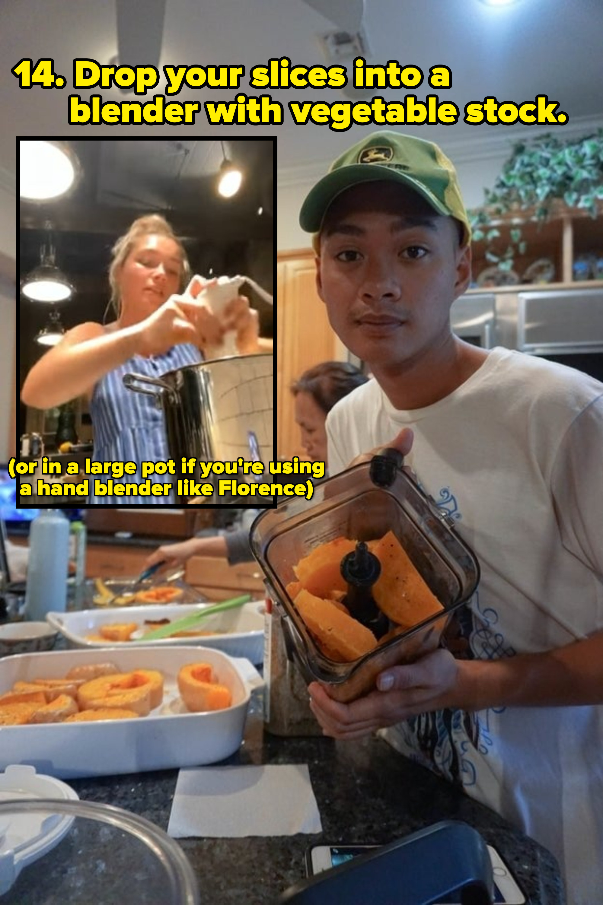 author holding a blender with butternut squash slices (inset) florence pugh using a hand blender