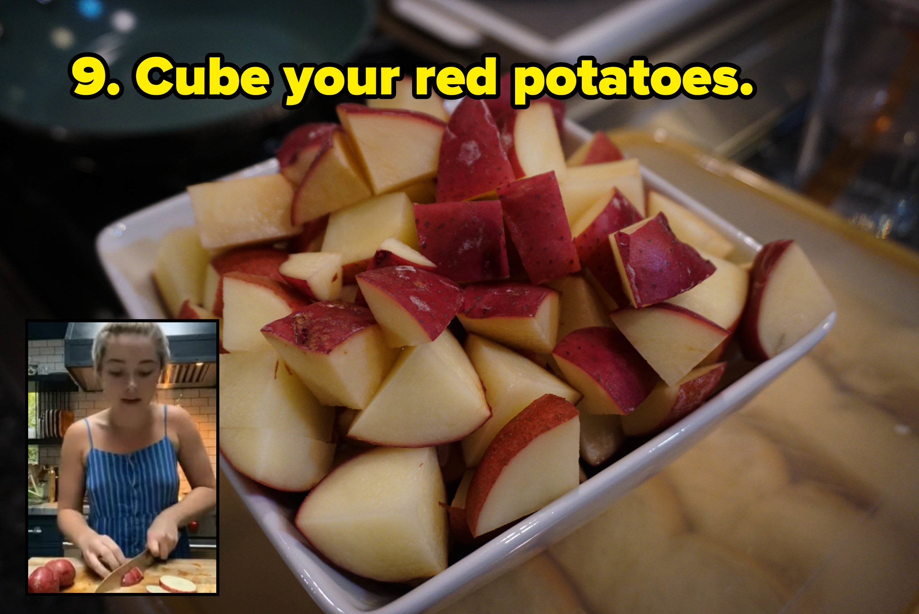 cubed red potatoes (inset) florence pugh slicing potatoes