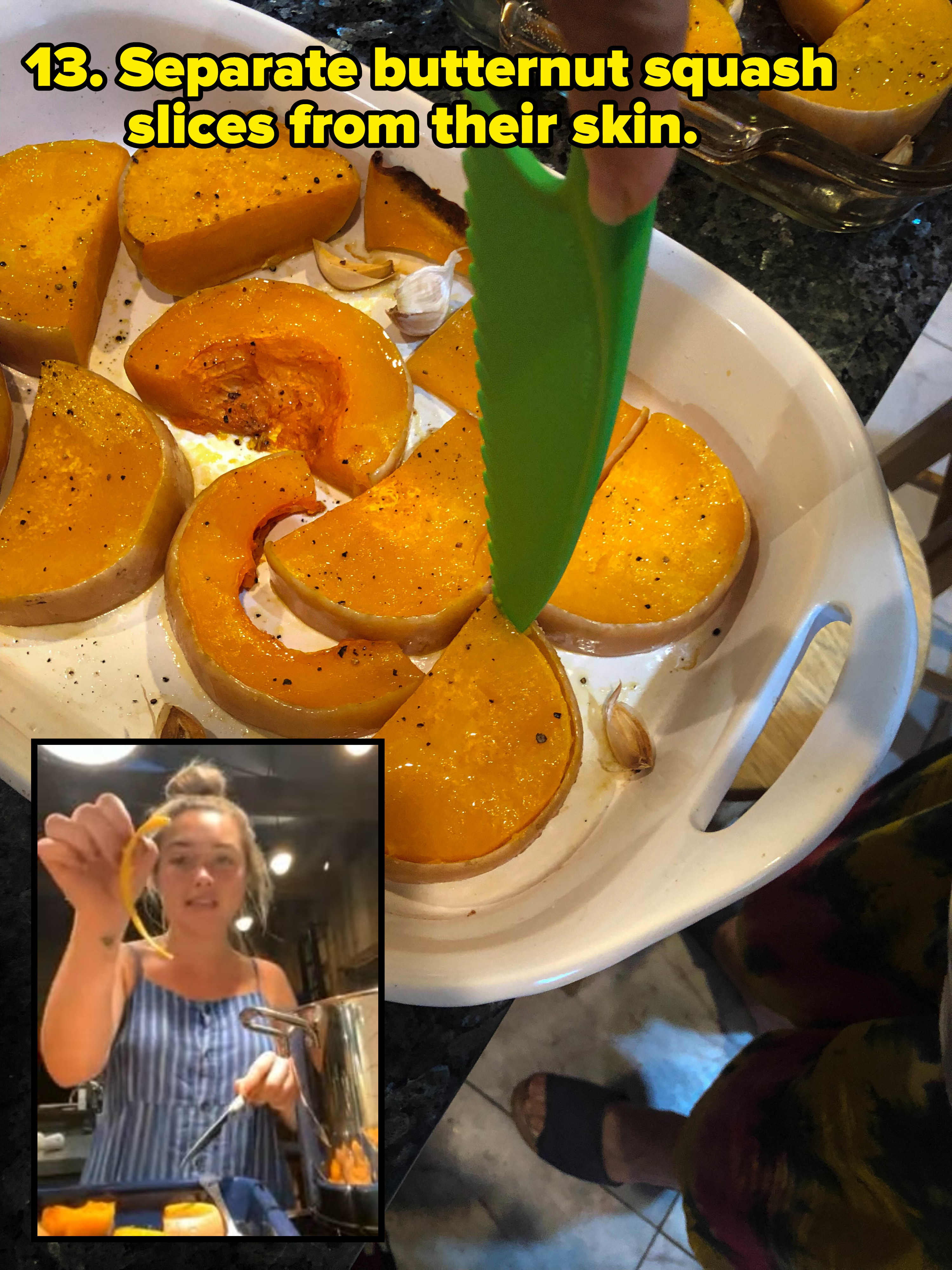 cutting butternut squash slices from their skin (inset) florence pugh holding the skin part of a butternut squash slice