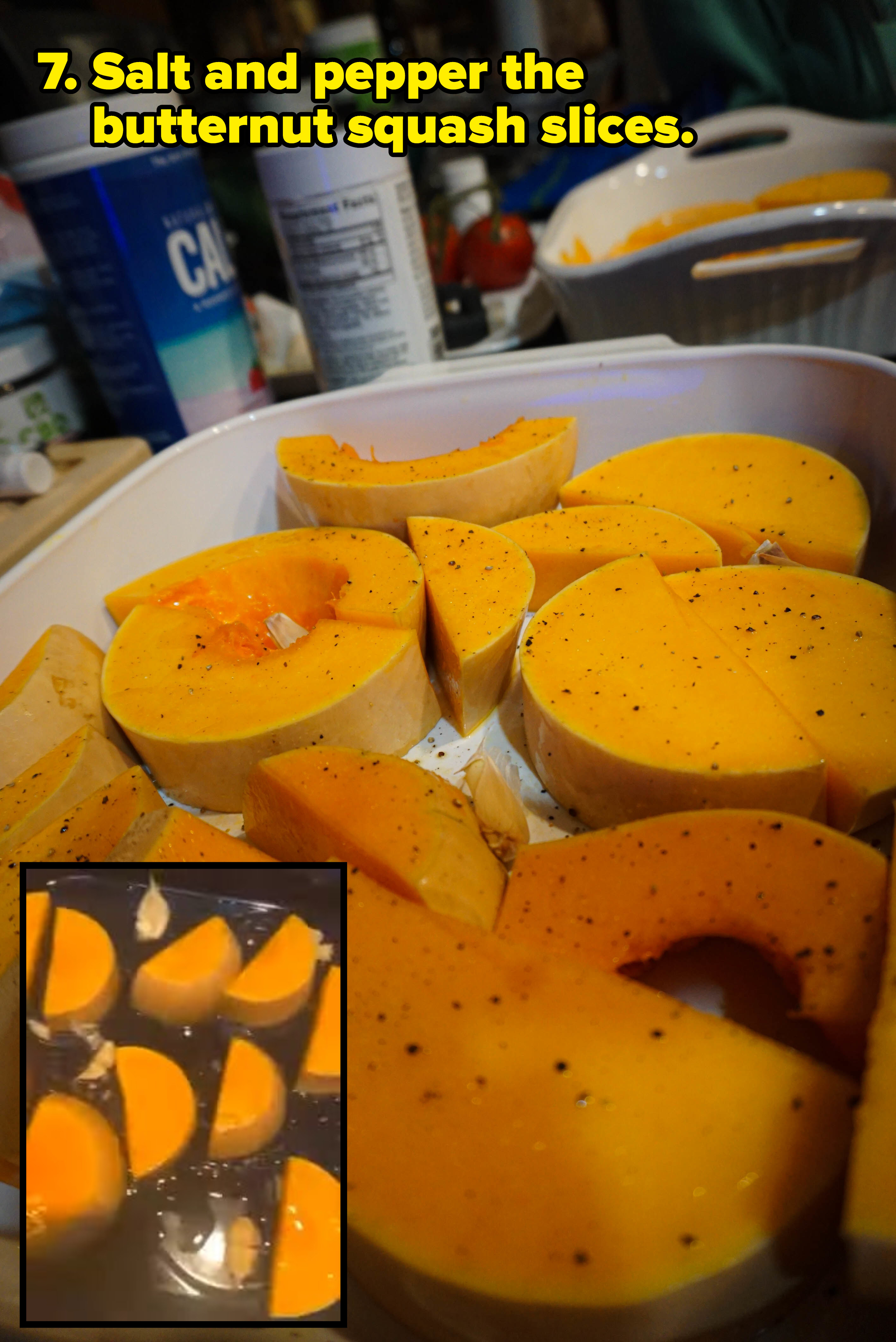 garlic and butternut squash slices covered in oil (inset) sheet pan of butternut squashs lices and garlic