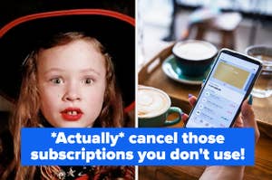 Dani from "Hocus Pocus" alongside a bank app. Text reads "Actually cancel those subscriptions you don't use"