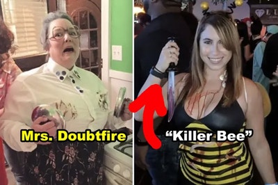Side-by-side of someone dressed as Mrs. Doubtfire with singed breasts and someone dressed as a "killer" bee holding a bloody knife