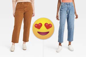 On the left is a pair of brown ankle length jeans and on the right is a pair of floral embroidered jeans 
