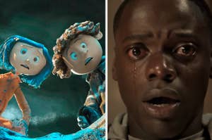 Coraline characters are on the left with Chris from "Get Out" on the right