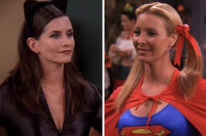 monica geller dressed as catwoman and phoebe buffay dressed as supergirl
