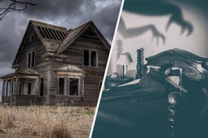 A haunted house and two shadow arms hover over a sleeping woman