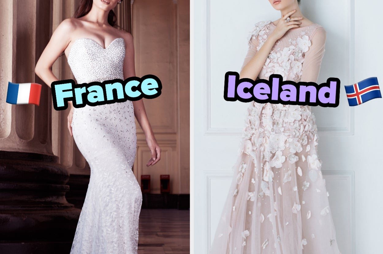 On the left, a bride wearing a strapless gown labeled France, and on the tight, a bride wearing a dress with 3-d floral appliqués labeled Iceland