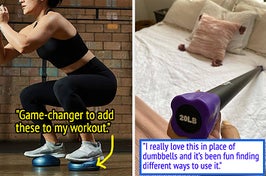 on left, model completing squats on small blue Bosu balance bods. on right, reviewer holding black 20-pound aerobic weight