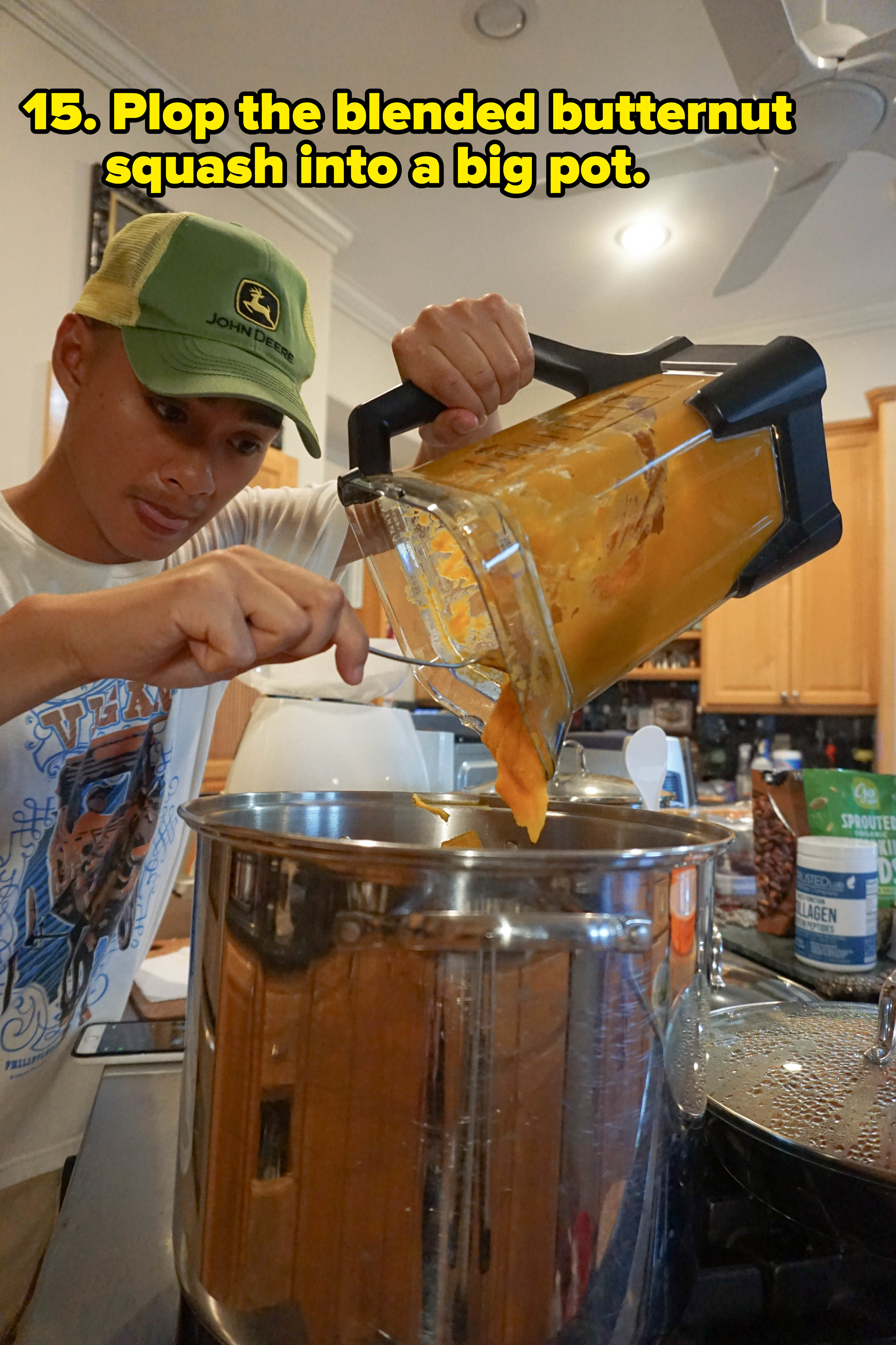 author scooping blended squash into pot