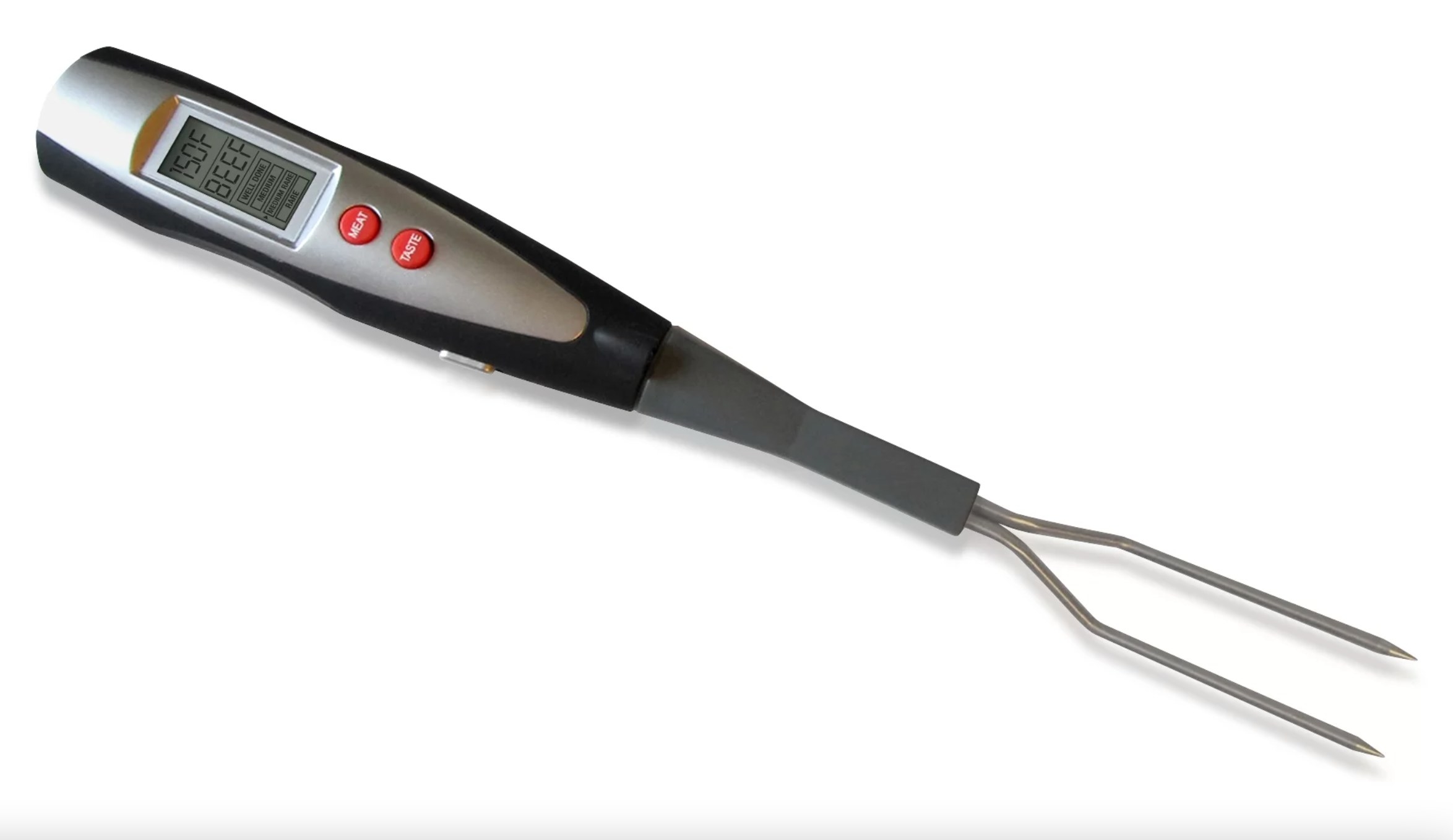 the silver and black fork with red buttons and a grey screen