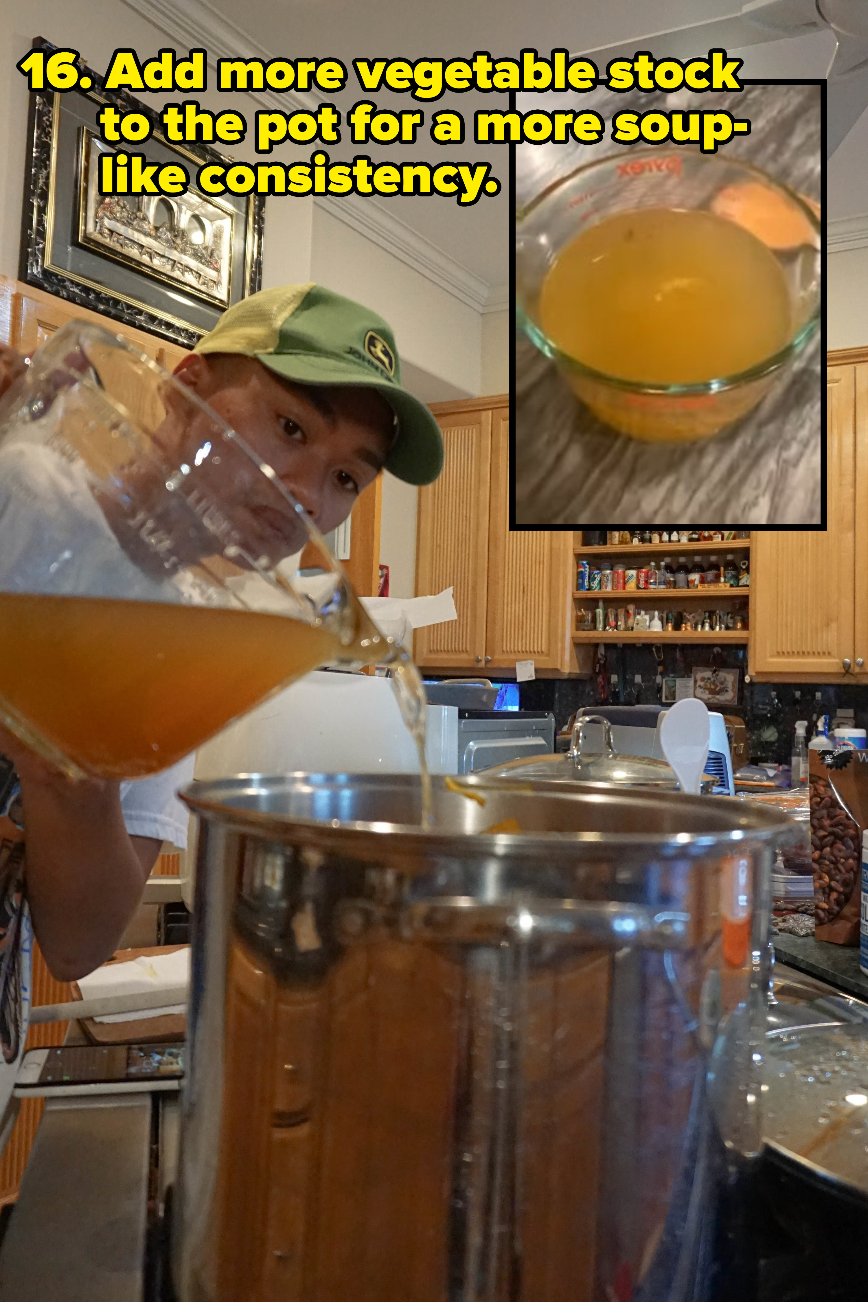 author pouring vegetable stock into pot (inset) florence pugh&#x27;s vegetable stock