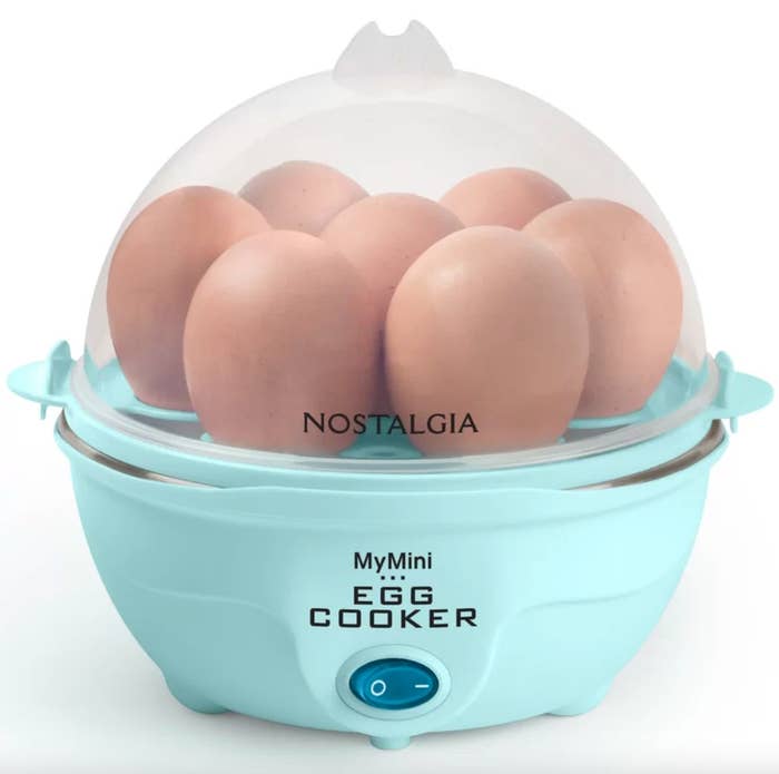 the brown eggs in a blue egg cooker