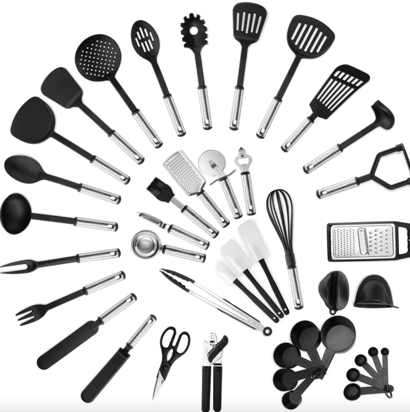 the large set of black and silver utensils