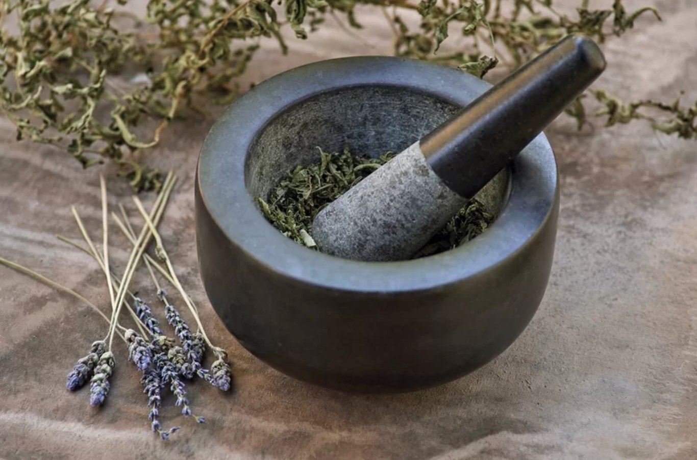 the black mortar and pestle on a counter with fresh lavender