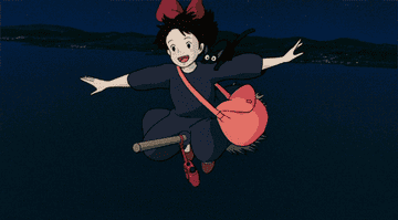 gif of witch flying on broomstick with cat from movie kiki&#x27;s delivery service