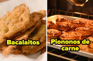 On the left is a plate of bacalaitos and on the right is a tray of piononos de carne on a tray in the oven