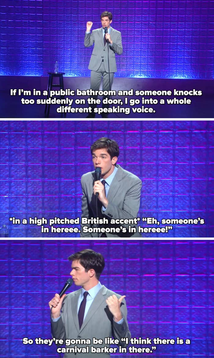 John Mulaney saying if someone surprises him by knocking on the door of a bathroom he&#x27;s using, he jumps into a high-pitched British accent