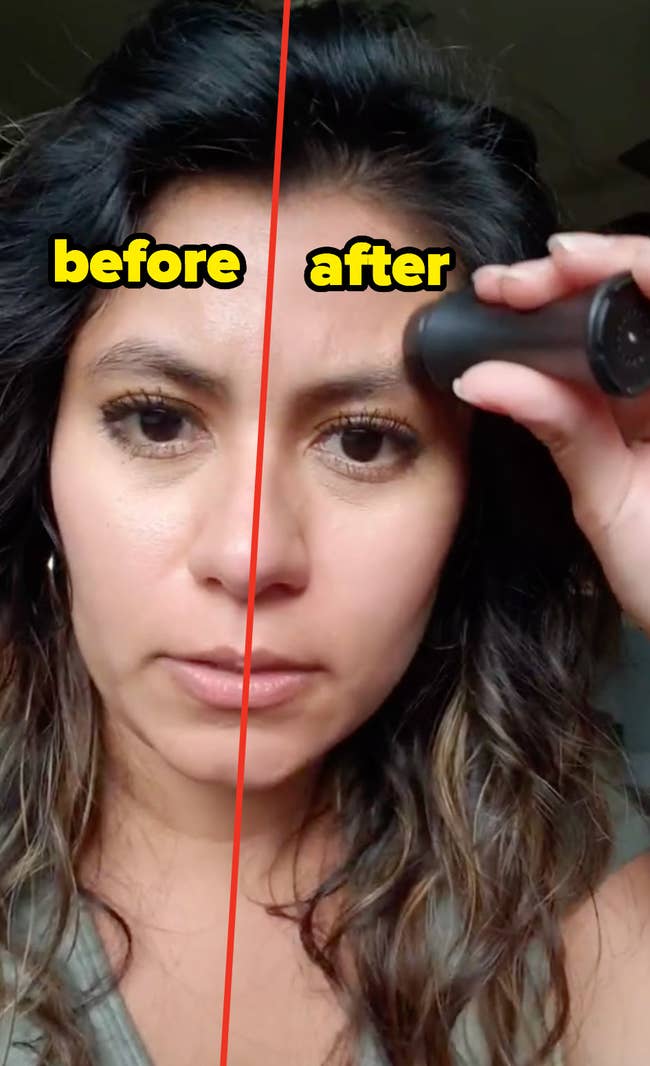 A reviewer using the Revlon face roller, with half their face labeled 