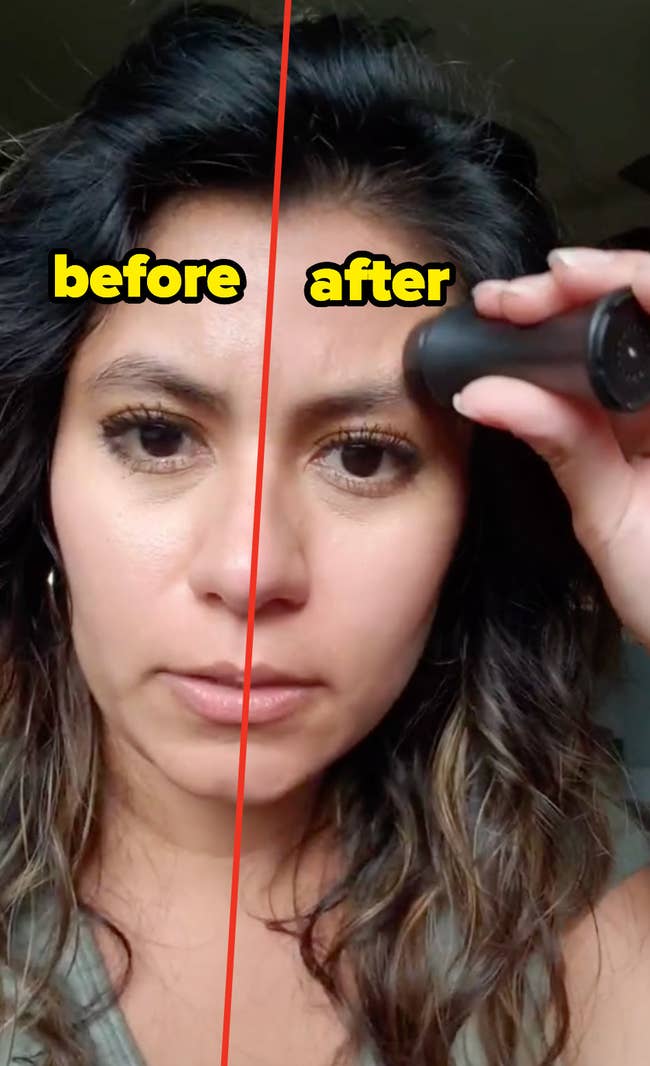 A reviewer using the Revlon face roller, with half their face labeled 