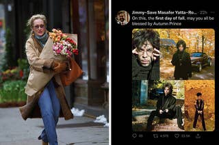Left, Meryl Streep carrying flowers; Right, first day of fall meme