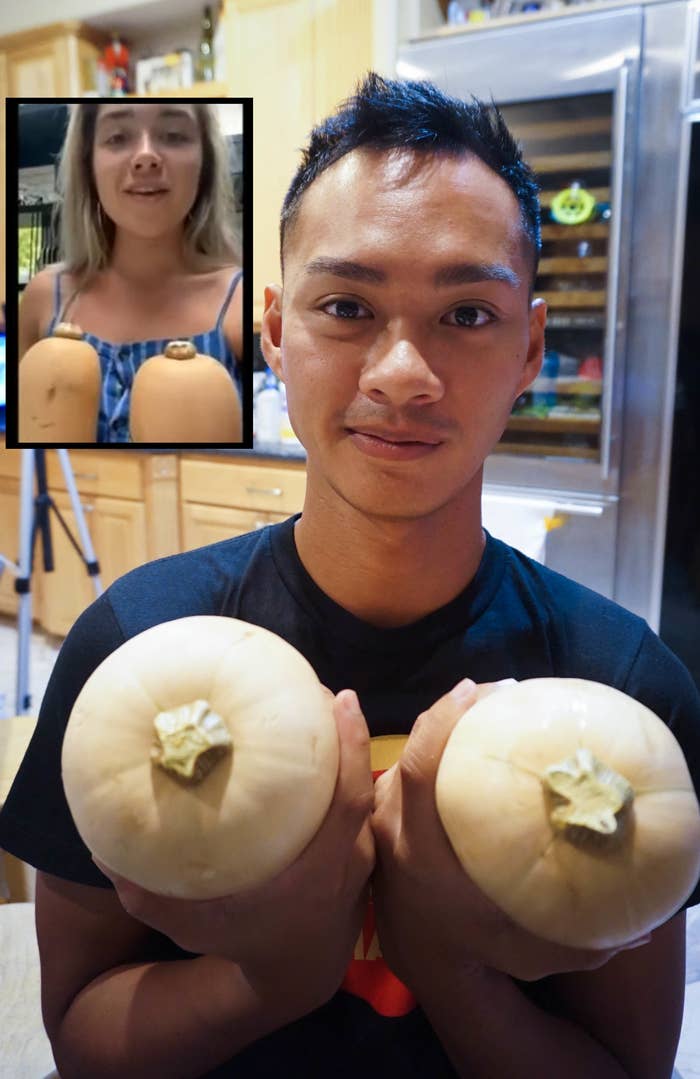 author holding a pair of butternut squashes (inset) florence pugh with butternut squashes