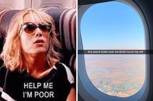克里斯汀·韦格说“帮帮我吧，我很穷”，旁边是飞机窗外的景色，上面写着“这张往返机票花了我349美元”。