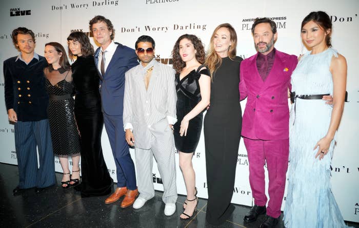 Harry Styles, Katie Silberman, Sydney Chandler, Douglas Smith, Asif Ali, Kate Berlant, Olivia Wilde, Nick Kroll, and Gemma Chan attend the &quot;Don&#x27;t Worry Darling&quot; NYC premiere.