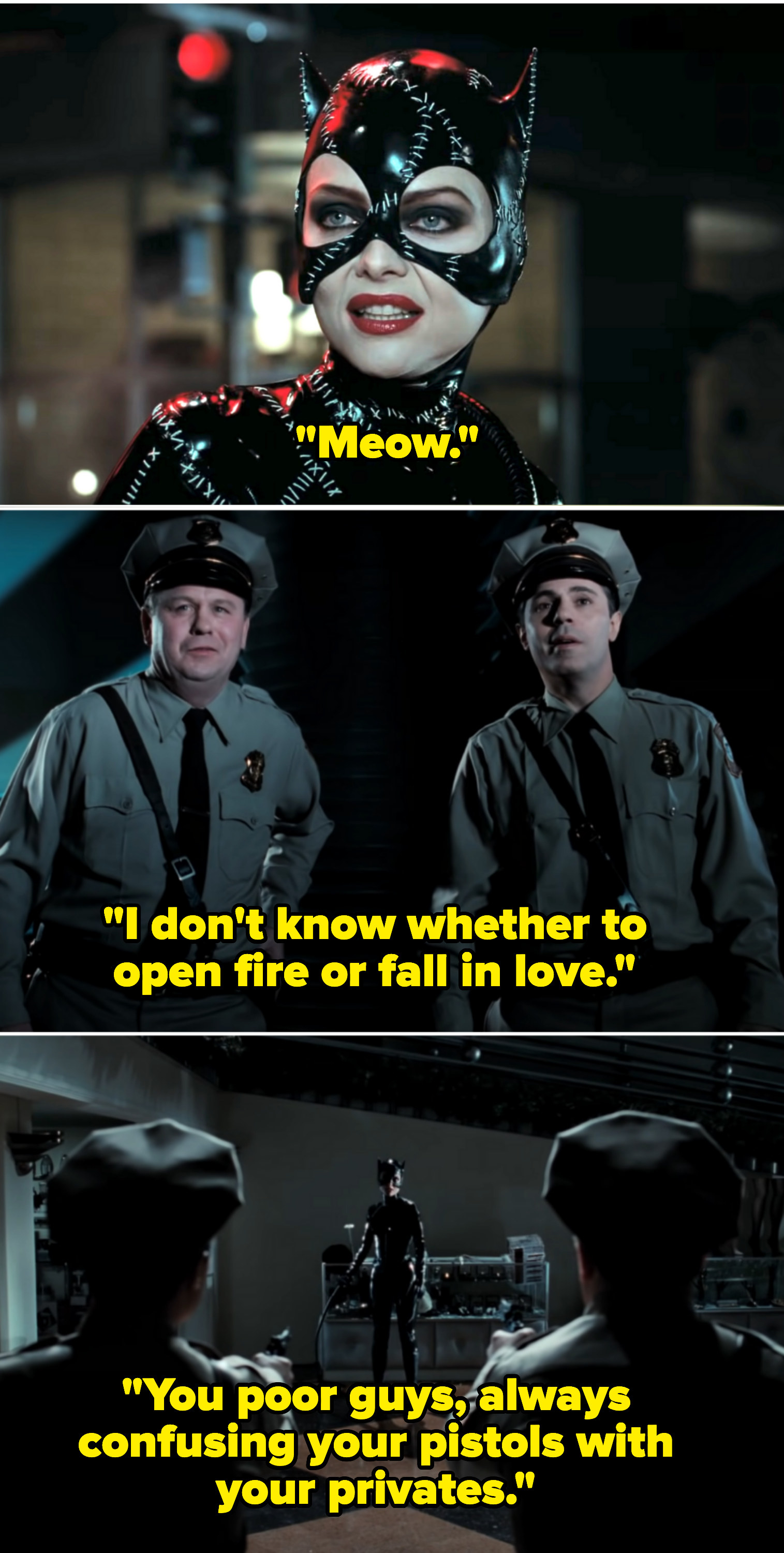 Catwoman says, &quot;Meow&quot; and cops say, &quot;I don&#x27;t know whether to open fire or fall in love&quot;
