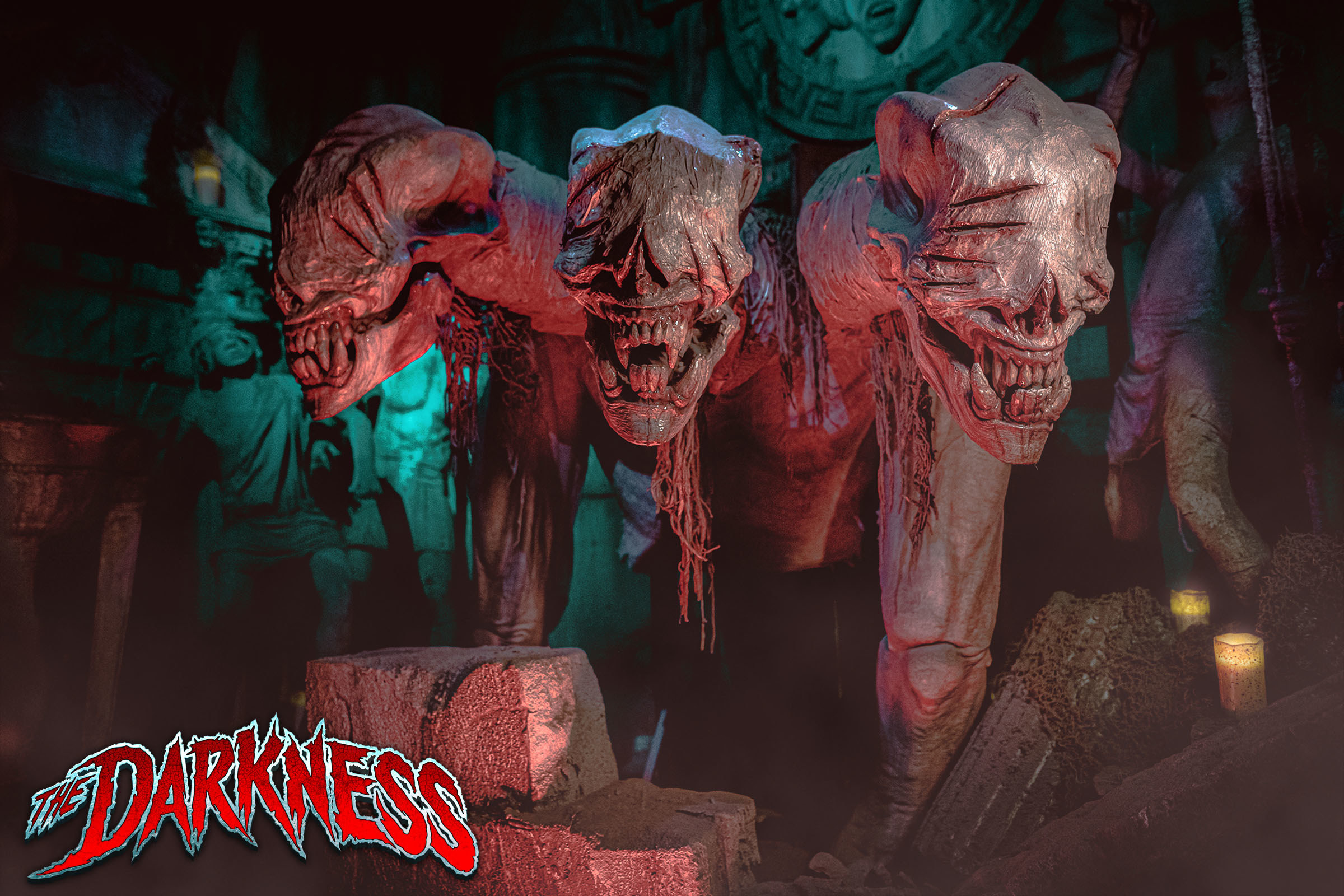 A three-headed creature lunges out at guests at &quot;The Darkness&quot;