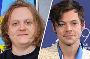 Lewis Capaldi wears a black T-shirt. Harry Styles wears a yellow suit with blue pinstripes and a matching shirt.