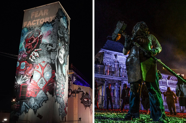 The massive building that hosts Salt Lake City's Fear Factory / A hammer-wielding brute stands guard outside of HellsGate Haunted House