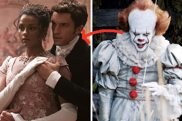 Anthony Bridgerton stands behind Kate Sharma and a close up of Pennywise