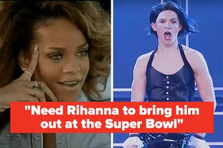 rihanna looking interested and a still of tom holland dancing as rihanna caption reads need rihanna to bring him out at the super bowl