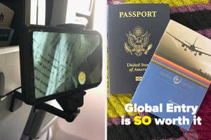 可以夹在飞机座椅背后的手机座、护照和全球入境手册