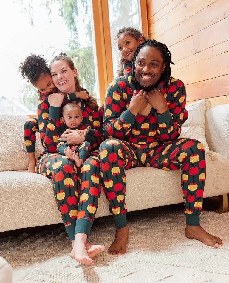 family of five in matching pajamas