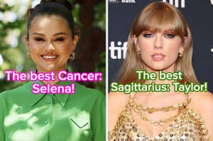 Selena Gomez wears a brightly colored button up shirt and Taylor Swift wears a sparkly dress