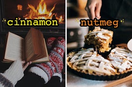 On the left, someone reading a book by the fireplace labeled cinnamon, and on the right, someone grabbing a slice of apple pie labeled nutmeg