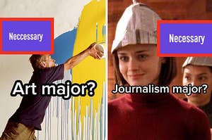 A man throws paint on a canvas and Rory Gilmore has a newspaper hat on her head