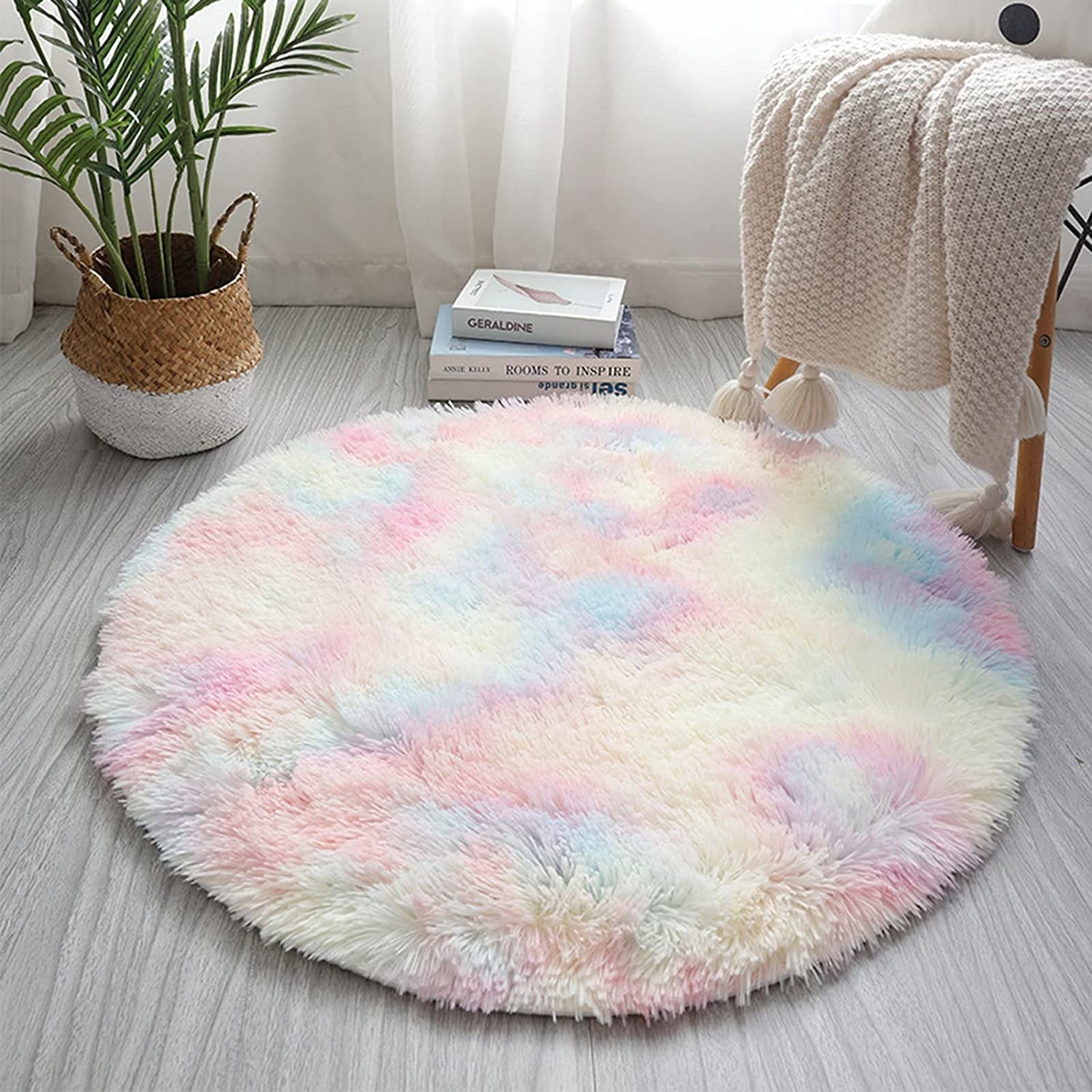 a round shaggy carpet on a floor