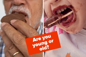 A senior is on the left eating with a child on the right eating and labeled, "Are you young or old?"