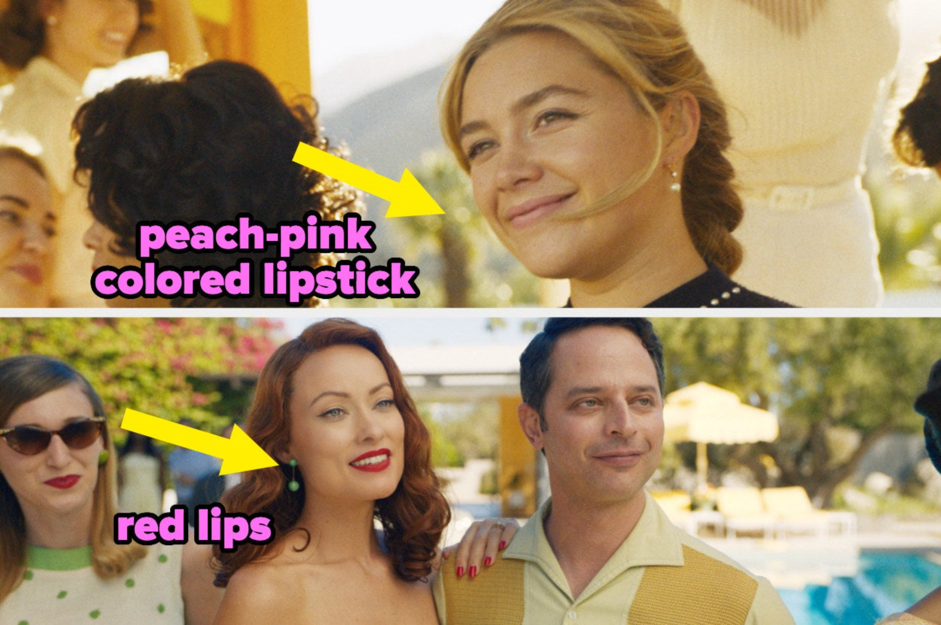 Florence Pugh in peach lipstick; Olivia Wilde in red lipstick