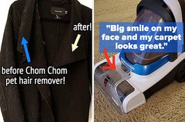 black coat "before chom chom pet hair remover!" "after!", the dash carpet hoover "Big smile on my face and my carpet looks great."
